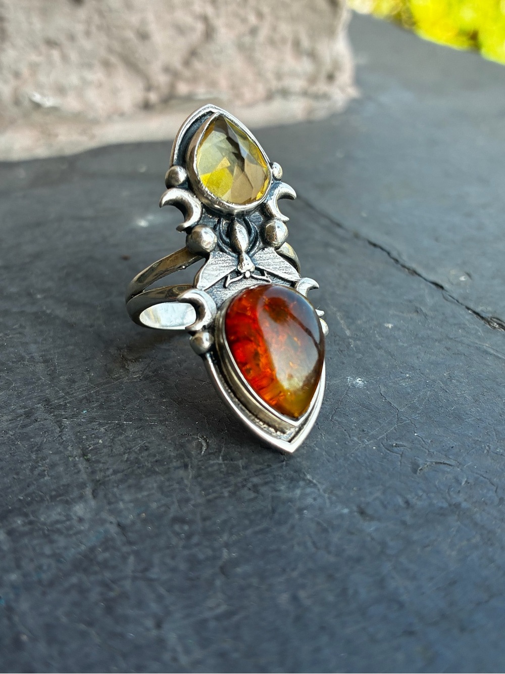 Sterling Silver Double Teardrop Amber and Citrine Butterfly Statement Ring